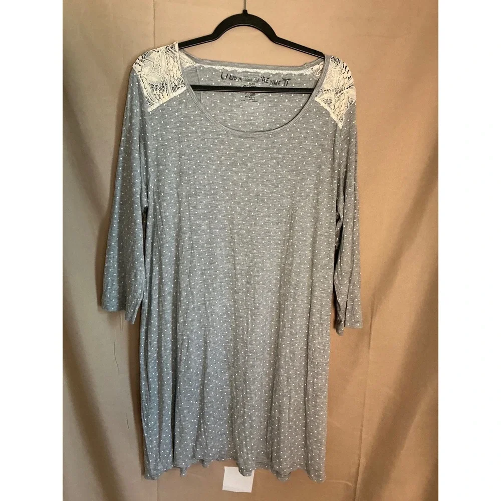 Rene Rofe Nightgown Womens XL Grey Polka Dot Good Lace Accent Sleep Shirt 518083